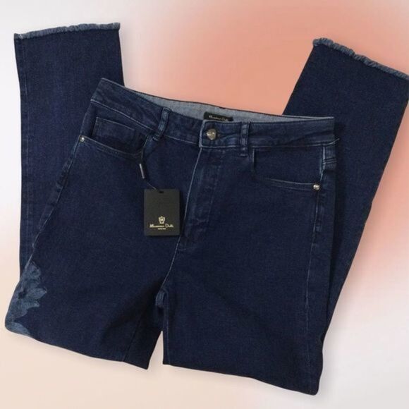 Massimo Duti High Rise Dark Wash Embroidered Frayed Hem Ankle Jeans Size 4 - Picture 3 of 11